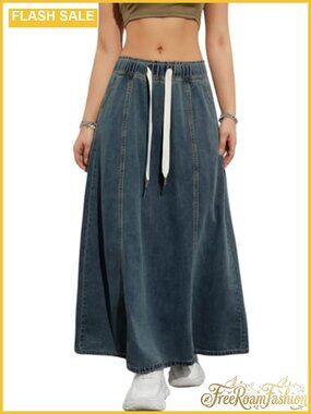 Women's Long Denim Maxi Skirt High Waist Drawstring A-Line